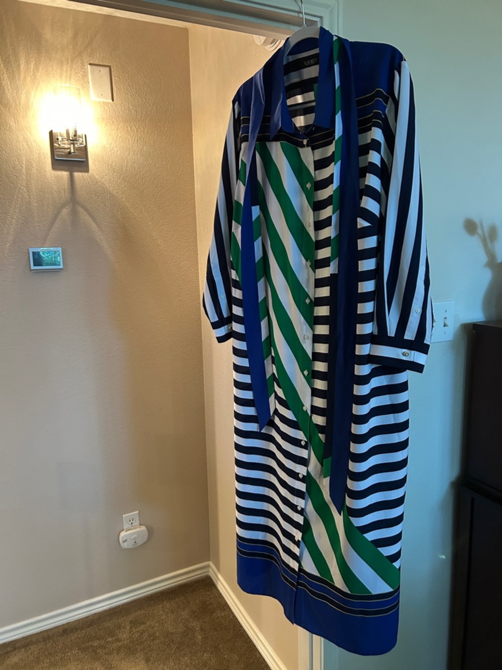 Lauren Ralph Lauren Blue Green White Striped Crepe Shirtdress - Picture 2 of 7